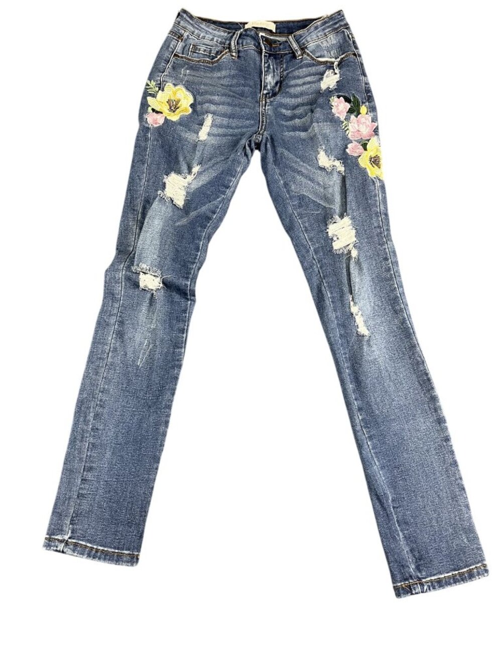Kiss & Cry Womens Floral Embroidered Distressed Skinny Jeans Size 3